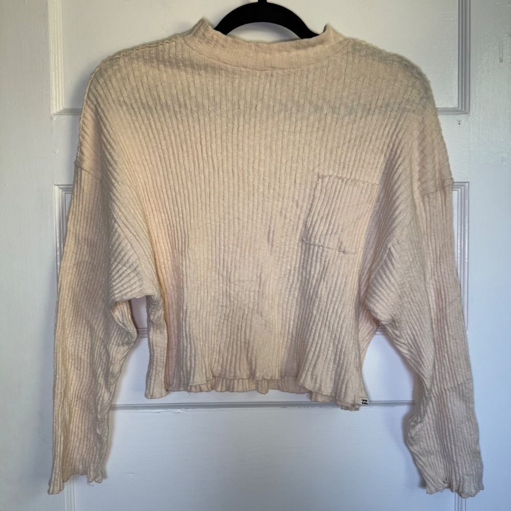 Billabong Womens Cream Ribbed Knit Mock Neck Cropped Long Sleeve Top Small
